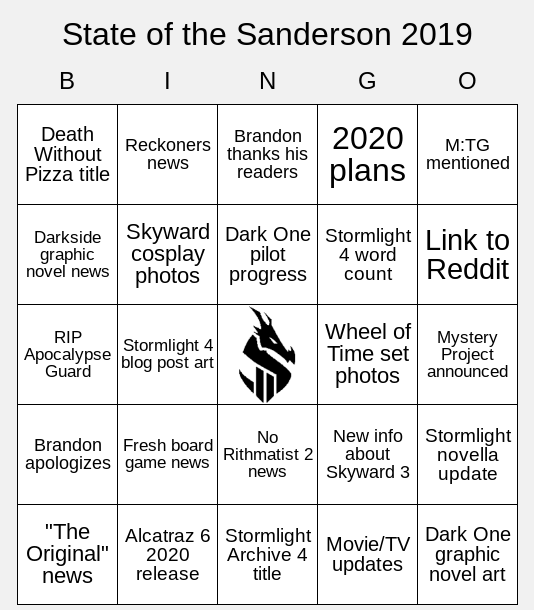 State of the Sanderson 2019 Bingo