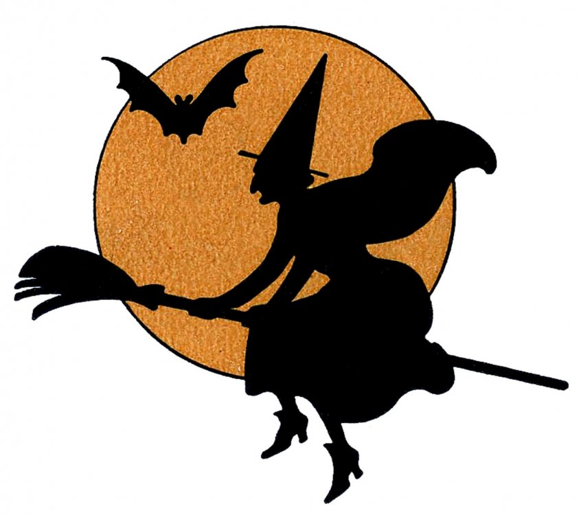 My profile picture - a black silhouette of a witch against an orange moon