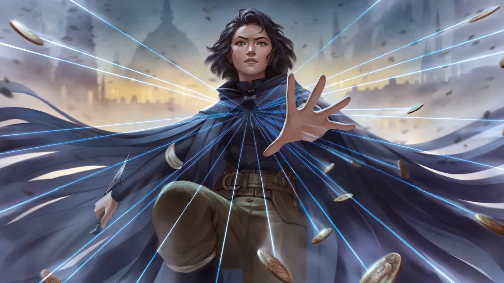 Artwork for the Mistborn deckbuilding game, featuring Vin shooting a dozen coins at the viewer.