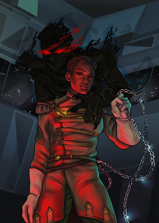 A digital illustration of the Admiral of the Night Brigade, as she appears in the epilogue of The Sunlit Man. The Admiral herself is a severe-looking woman in her 30s or 40s, standing tall in the center of the vertical image, with chiseled face, short hair, and lips slightly curled in a sneer as she looks down upon the viewer. She is dressed in a naval uniform with white gloves, one hand holding a silver chain that's still attached to her belt. Above and behind the Admiral is a Threnodite shade, jet-black, but with enraged red eyes that leave red streaks in the air. The shade still looks mostly like the human it once belonged to, dressed in a uniform similar to the one worn by the Admiral, one hand rising above the Admiral's shoulder and pointing threateningly at the viewer with claw-like fingers. Only in a few places has the shade started losing its shape, its substance turning into something between drops of ink and tendrils of smoke. 