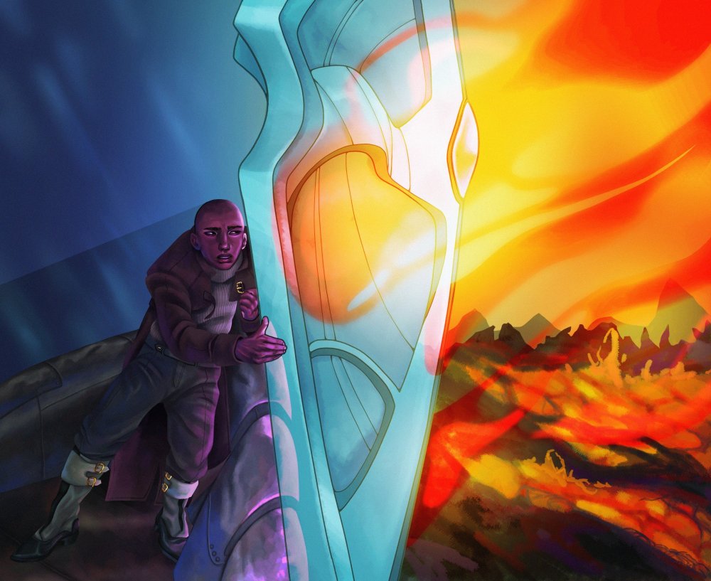 A digital illustration of Nomad, from The Sunlit Man, holding Aux as a shield, blocking the light of the deadly Canticle sun. The image is roughly square in aspect ratio, Auxiliary's shield form - pale blue, a little translucent, shaped like a tall kite shield, and highly ornamented - splitting the image vertically down the middle. On the right is the deadly sunlight, powerful rays more reminiscent of fire than of sunbeams, melting the landscape and battering the massive shield. On the left side is Nomad, dressed in boots, slacks, and a coat, standing on the back of one of Beacon's ships, holding Aux and support it with his entire body, pressing against it and the force of the sun with his shoulder as if Aux is a door and Nomad is trying hold it closed. Where the right side of the image is bathed in violent reds, oranges, and yellows, the left one is cool blues and purples. 